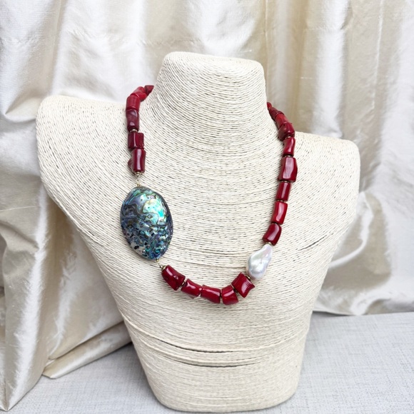 Handmade Coral Abalone Pearl Beaded Statement Necklace - Picture 3 of 8